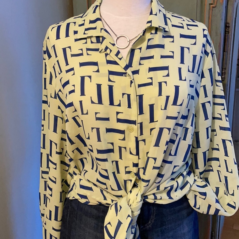 Vintage Lucia Blouse Pale Yellow With Navy Blue, Size 46